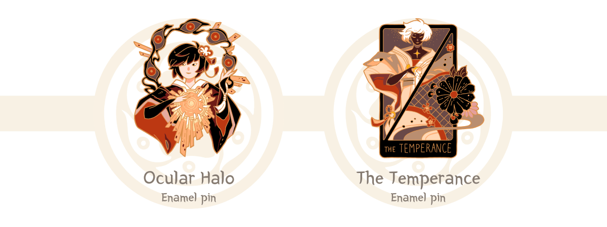 Two enamel pins, one of a lady surrounded by a halo of creepy-looking eyes, and one of the Temperance tarot card in Portent style