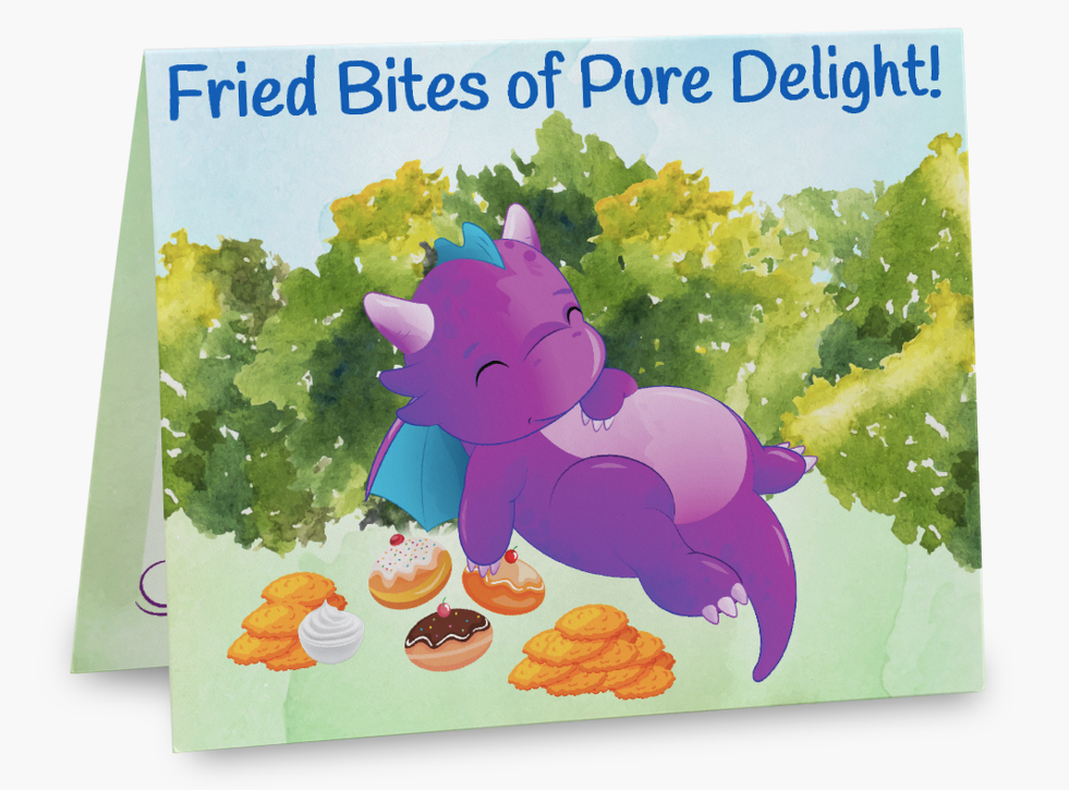 Card of a purple dragon on its back, surrounded by sufganiyot and latkes, with hedges in the background. Text reads: "Fried Bites of Pure Delight!"