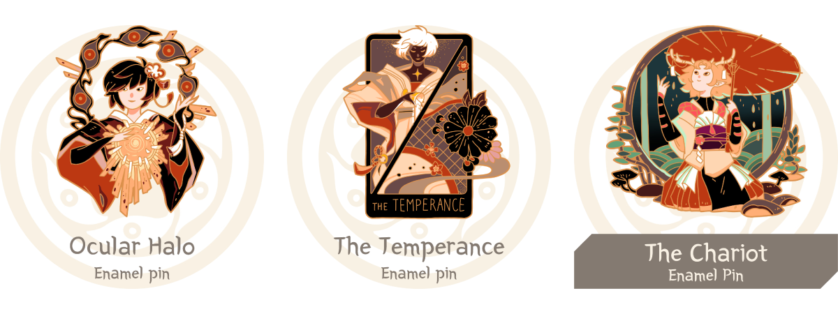 Three enamel pins, one of a lady surrounded by a halo of creepy-looking eyes, and one of the Temperance tarot card in Portent style, and one of The Chariot; a figure sitting on the forest floor under an umbrella