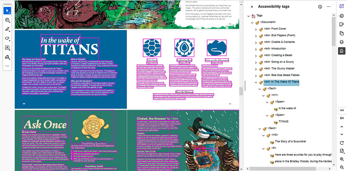 A cropped screenshot of Adobe Acrobat, with the Scurry PDF open. The Accessibility tags window is open, with tags highlighted corresponding to selection boxes in the main PDF window.