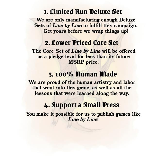 Graphic background is white. In the background and centered is a semitransparent illustration of a red dragon surrounded by an orange and yellow glow. Black text over the top forms a list. Item one reads Limited Run Deluxe Set. Below this heading it reads, We are only manufacturing enough Deluxe Sets of Line by Line to fulfill this campaign. Get yours before we wrap things up! The second item on the list reads Lower Priced Core Set. Below this heading are the words The Core Set of Line by LIne will be offered as a pledge level for less than its future MSRP price. The third item on the list reads One Hundred Percent Human Made. Below this heading it reads We are proud of the human artistry and labor that went into this game, as well as all the lessons that there learned along the way. The fourth item on the list reads Support a Small Press. Below this heading it reads You make it possible for us to publish games like Line by Line!