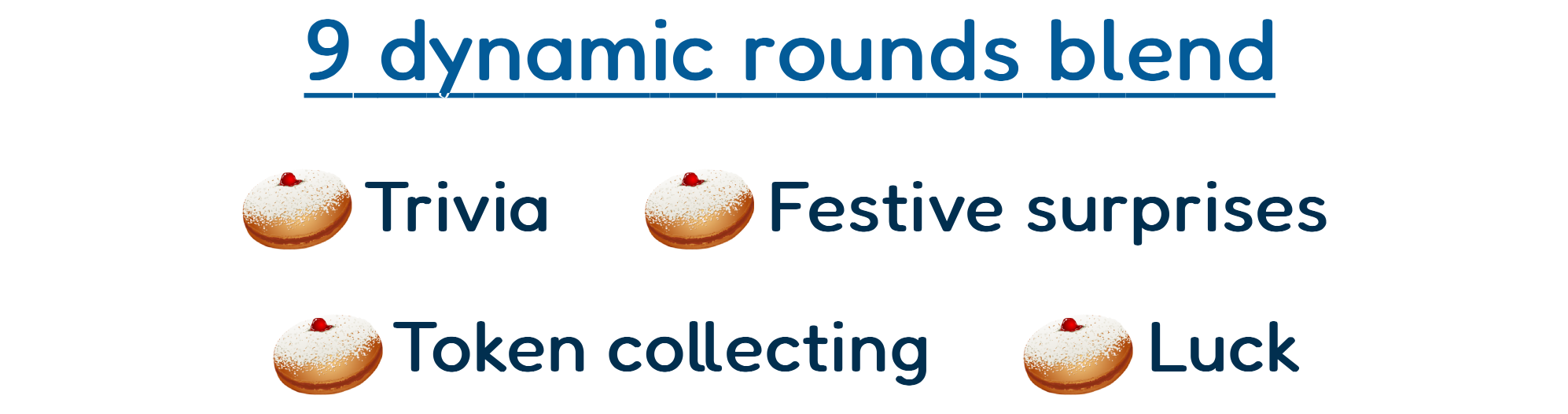 9 dynamic rounds blend -Trivia -Festive surprises -Token collecting -Luck