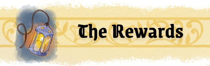Graphic background is white. This image is a header for a subsection. A long golden strip with watercolor-like texture on the top and bottom forms the long rectactangular base. Overlaid is a slightly darker golden graphic with leafy curls like wrought iron. An illustration of a swinging candlelit lantern is positioned off to the far left of the banner. Near the middle is a line of black text which reads The Rewards.
