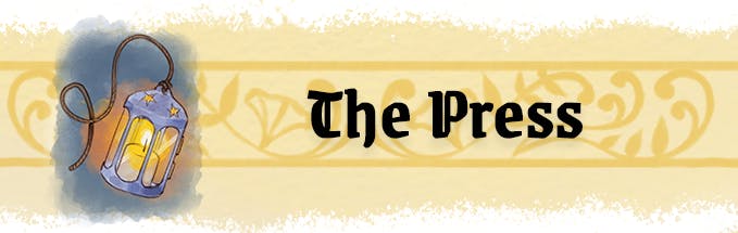 Graphic background is white. This image is a header for a subsection. A long golden strip with watercolor-like texture on the top and bottom forms the long rectactangular base. Overlaid is a slightly darker golden graphic with leafy curls like wrought iron. An illustration of a swinging candlelit lantern is positioned off to the far left of the banner. Near the middle is a line of black text which reads The Press.