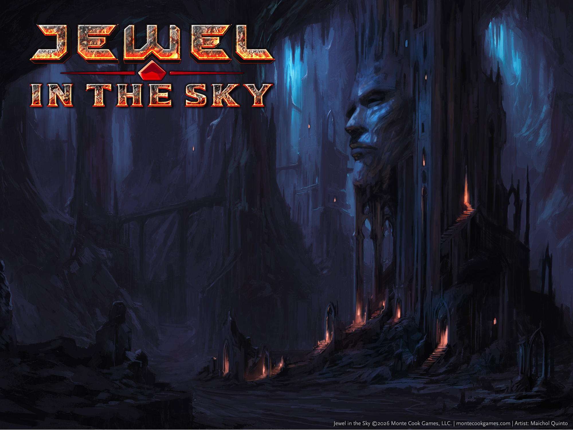 Illustration showing explorers in a large dark cave, approaching a portal with a massive carved face overhead.