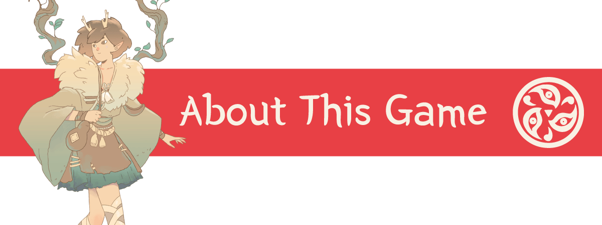 Red header with the text About This Game and a preview of Gusha, the first kami in the book