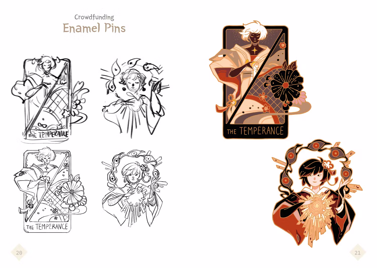 Preview of the enamel pin designs as they appear in the art book, with the sketches on the left and the final designs on the right