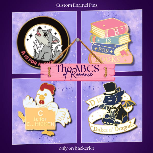 four enamel pins, showing A for Alpha with a wolf, B for Books with a stack of books, C for C...hicken with a chicken winking, and D for Dukes and Dragons with a dragon in a top hat and tailcoat.