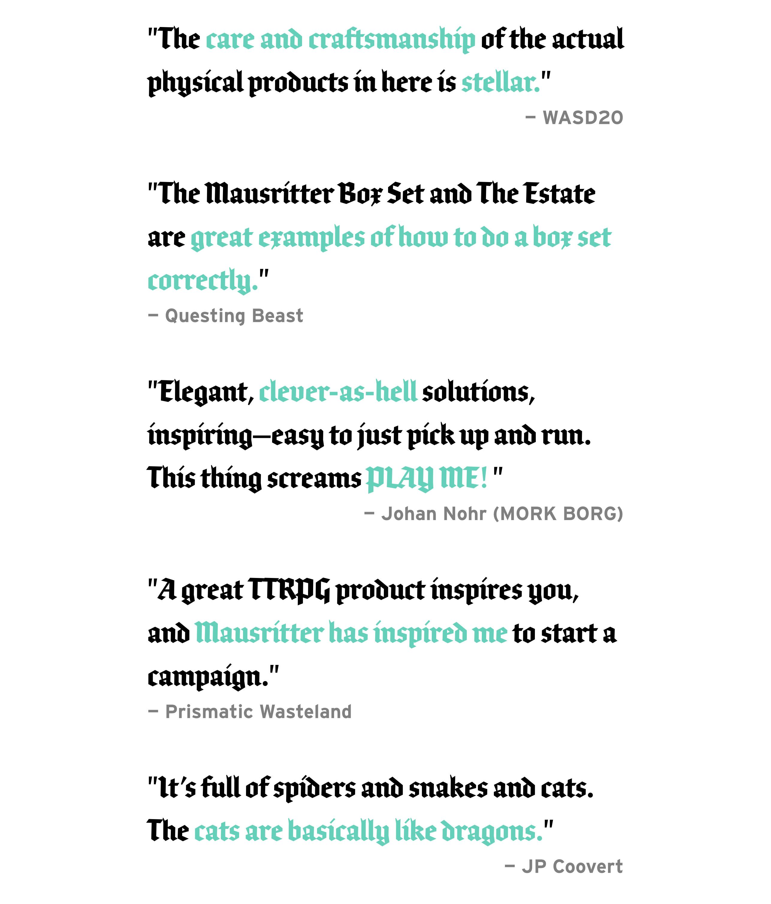 Positive quotes from other game developers and reviewers.