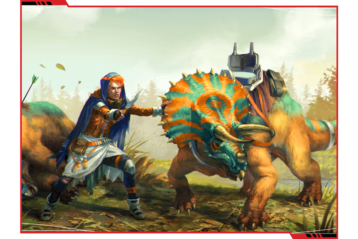 An image from Predation showing a character alongside their triceratops companion, which bears a saddle and baggage. The character has a knife drawn, and both are in a defensive posture against an opponent that's out of frame..