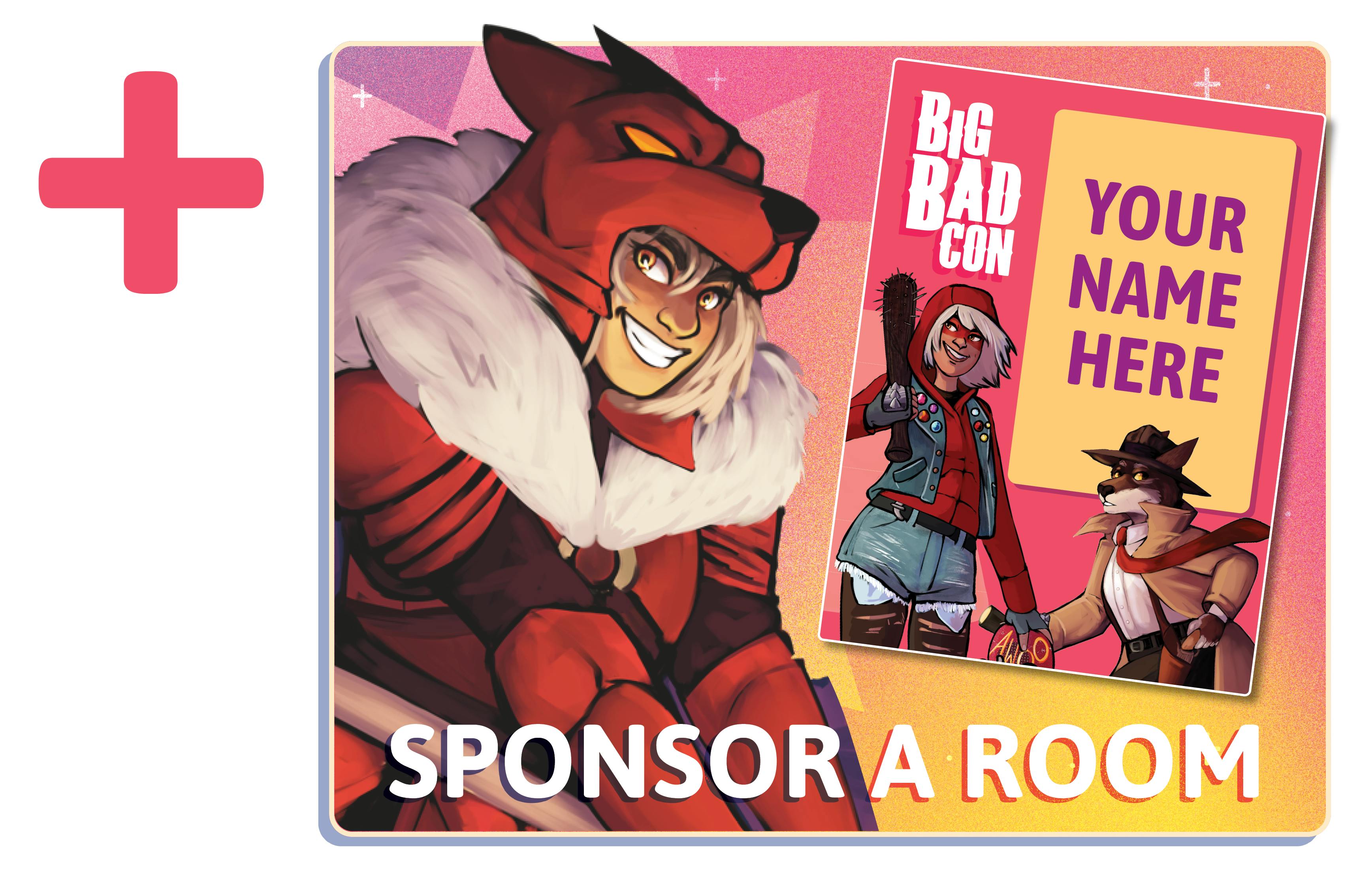 Our Little red mascot and a mock door sign with "Your Name Here"