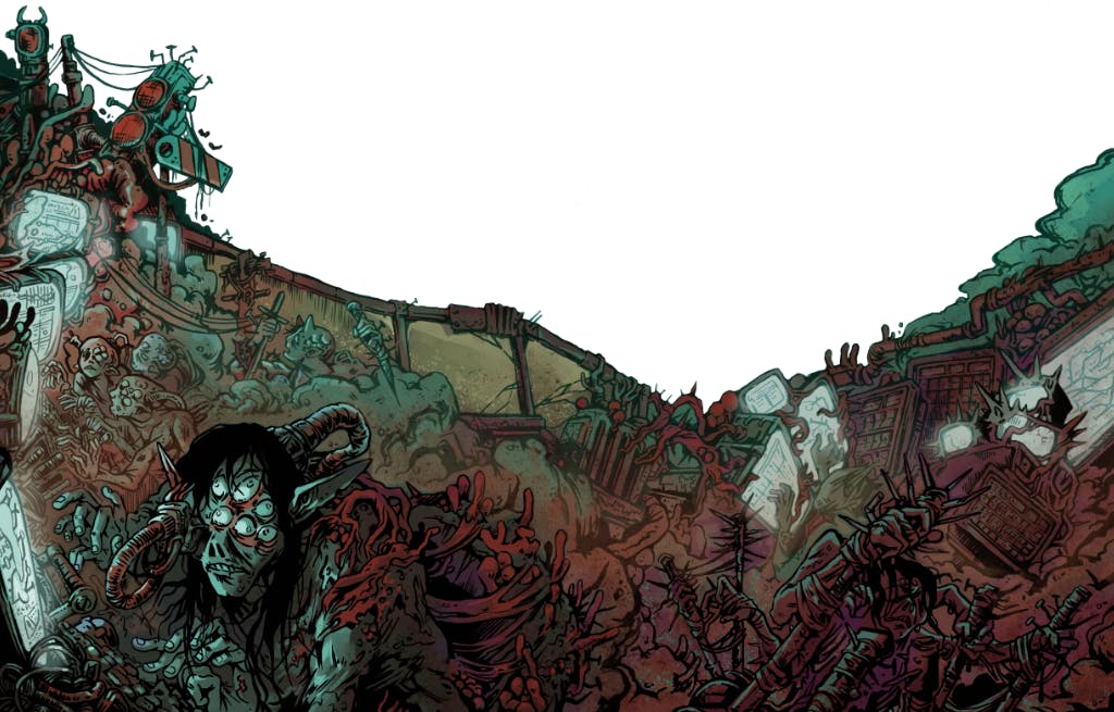 An illustration depicting a strange creature with six eyes and eight fingered hands working at a console