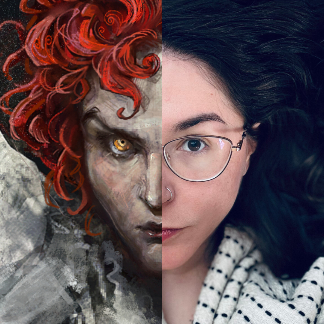  A split-screen graphic of Jirel and Molly's faces, melded into one that stares you down.