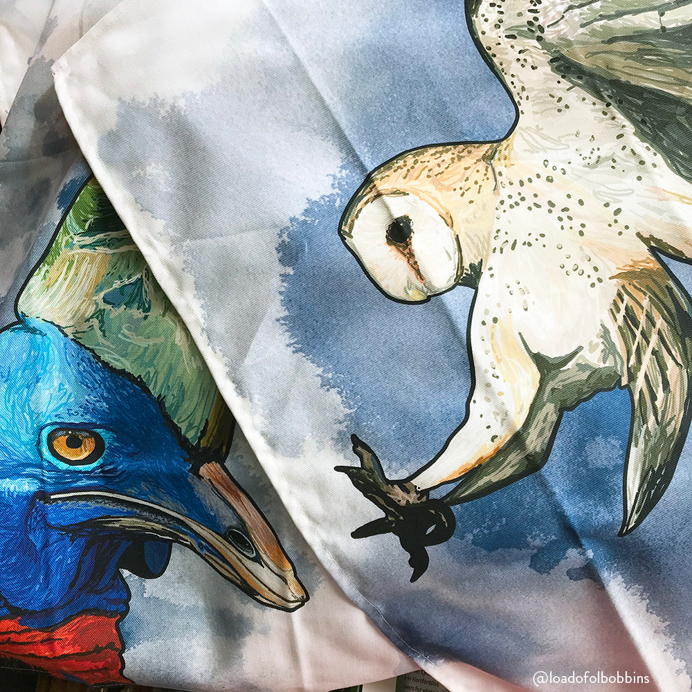 A photo close up of two tea towels made from original illustrations be Loadofolbobbins. The tea towel on the right is of a swooping barn owl mid flight, The perspective is as if you were looking up underneath the owl as it’s swooping with claws beneath it to catch prey. It’s wings are together behind it caught in the upward flapping motion. The background is an inky dark blue wash. The tea towel on the left can only be partially scene but shows the detailed close up of the head of a Cassowary, A very dinosaur looking bird the Cassowary has a bright reddish orange wrinkled neck and wattle that transitions to a bright intense blue face with sharp angles of the skull visible underneath its skin.