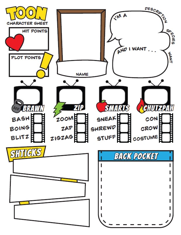An image of the toon character sheet showing the different stats, skills, shticks, and other character elements. 