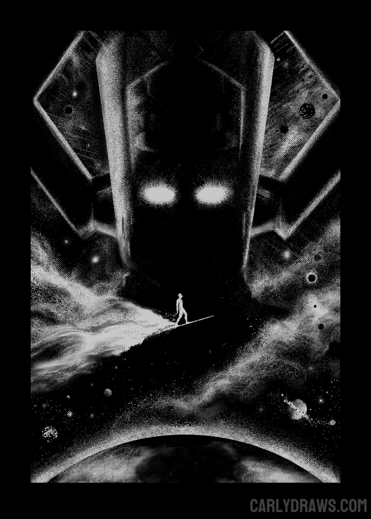  A stunning black & white illustration of the Silver Surfer floating across space as Galactus looms large in the background. 