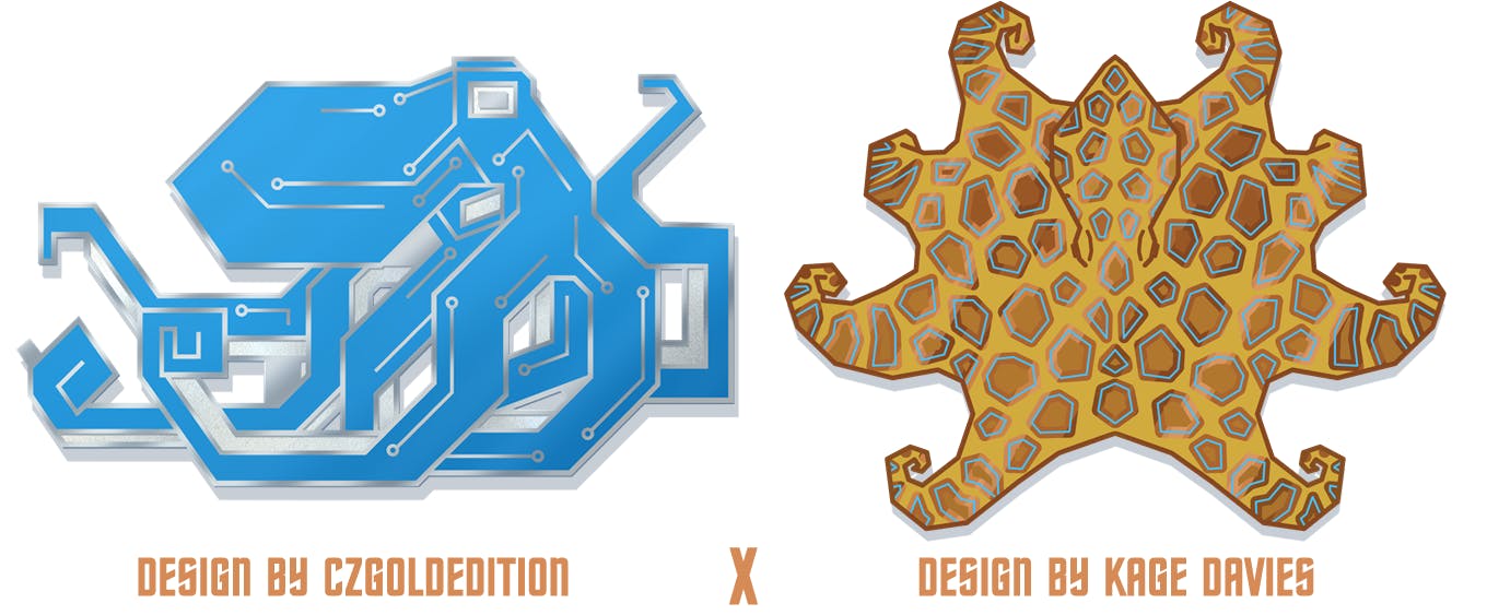 Image previewing two octopus enamel pins! On the left is a blue printed circuit board (PCB) style octopus with the text "Design by CZGoldEdition" underneath, and on the right is a geometric blue-ringed octopus with the text "Design by Kage Davies" underneath.