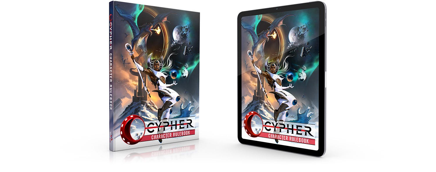 An image showing the Cypher Character Rulebook in print as well as in PDF.