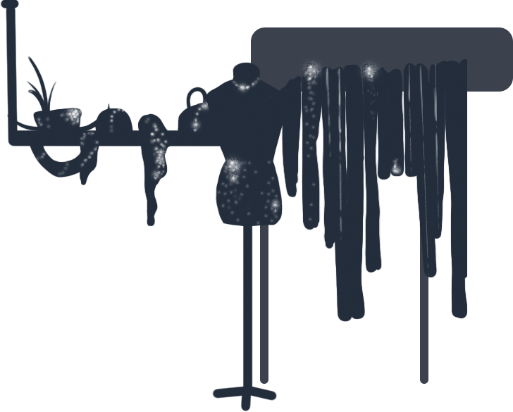 Silhouettes of a mannequin, shelves, and various bits of fashion hanging off of them.