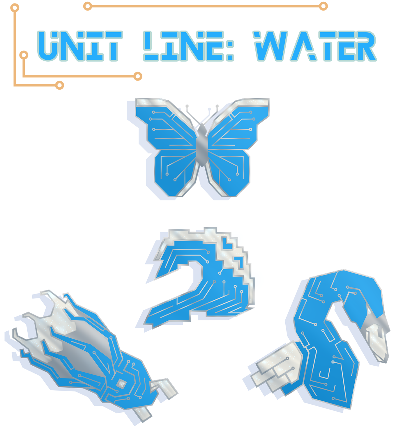 Teaser image of four pin designs, all of them designed to look like blue PCB: a swan, vampire squid, butterfly, and wave. Text on the top reads "Unit Line: Water".