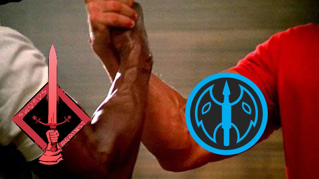  The predator arms meme with the Swords Against logo over Carl Weathers bicep and the NESS logo over Arnie's. 