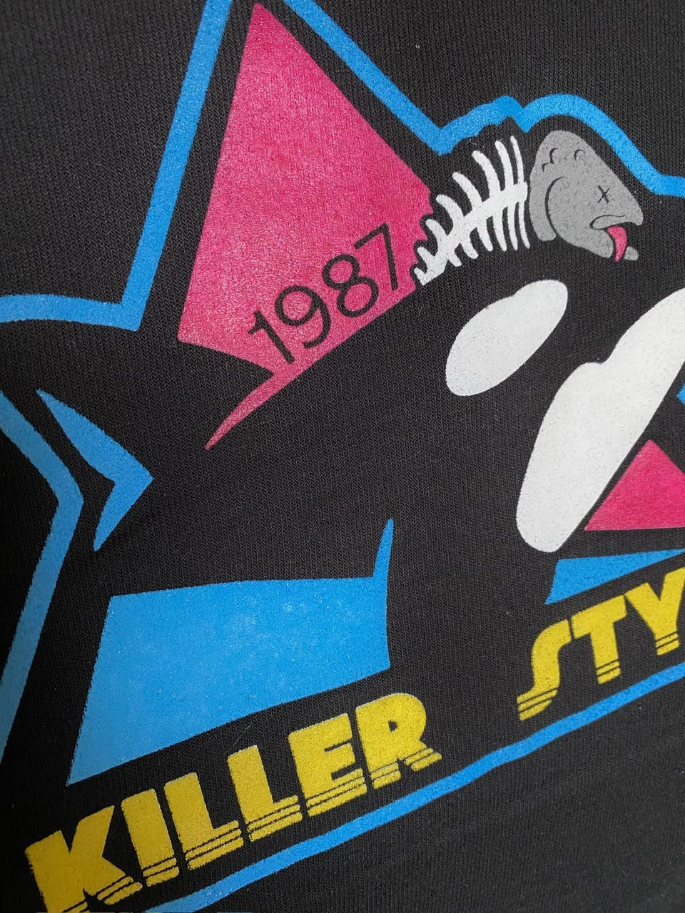 Closeup of the printing on the killer style hoodie showing the fine detail of the lines