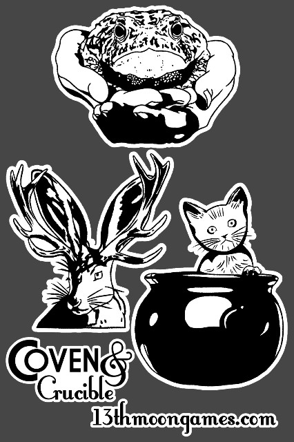 Sticker sheet featuring a toad, jackalope and cat in a cauldron, as well as the Coven & Crucible logo and the website for 13th Moon Games