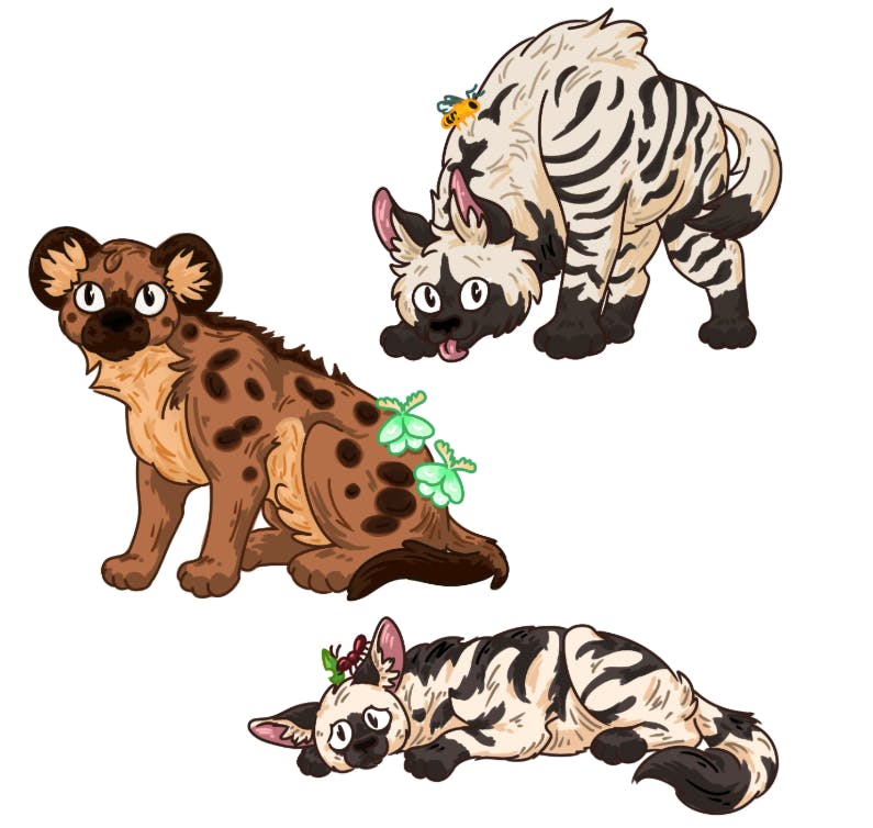 A kraft sticker sheet of Spots, Stripes, and Artie!