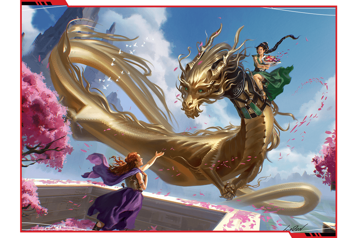 A scene showing a character on a balcony greating another character as she approaches on a flying golden dragon.