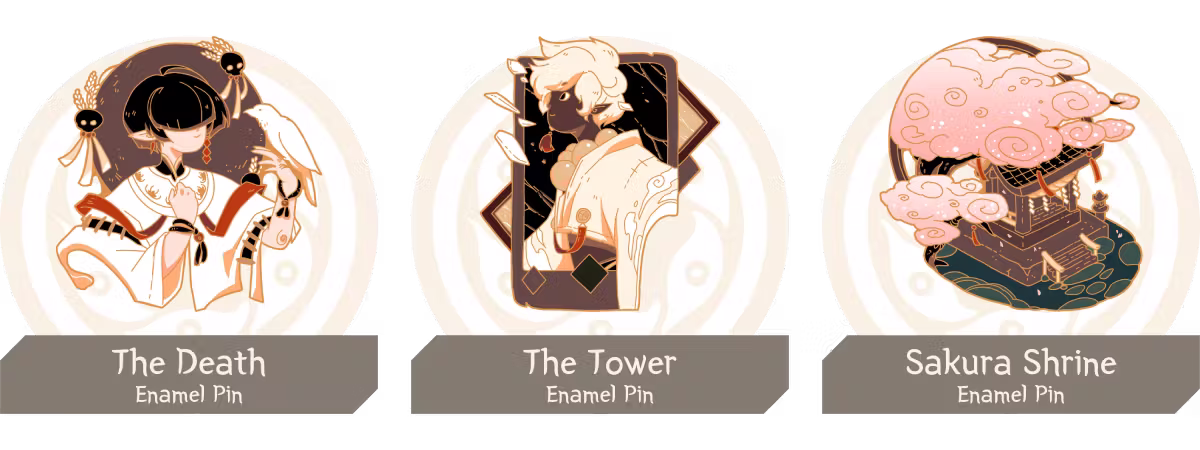 Three enamel pins, one of The Death with a white crow perched on their hand, one of The Tower looking up while the frame is crumbling, and one of a cherry blossom shrine.