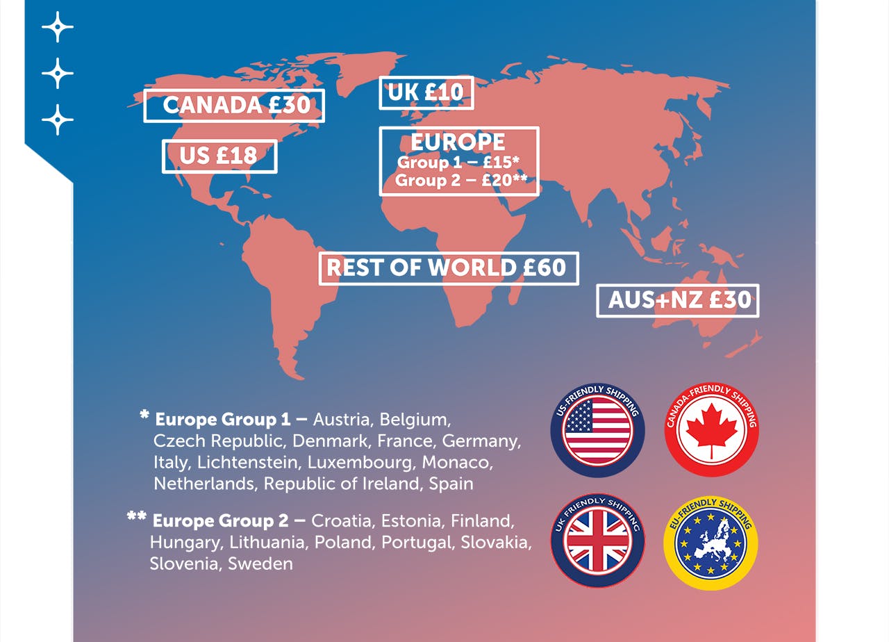 UK: £10, US:£18, Canada:£30, EU1:£15, EU2:£20, RoW: £60, Aus and NZ: £30