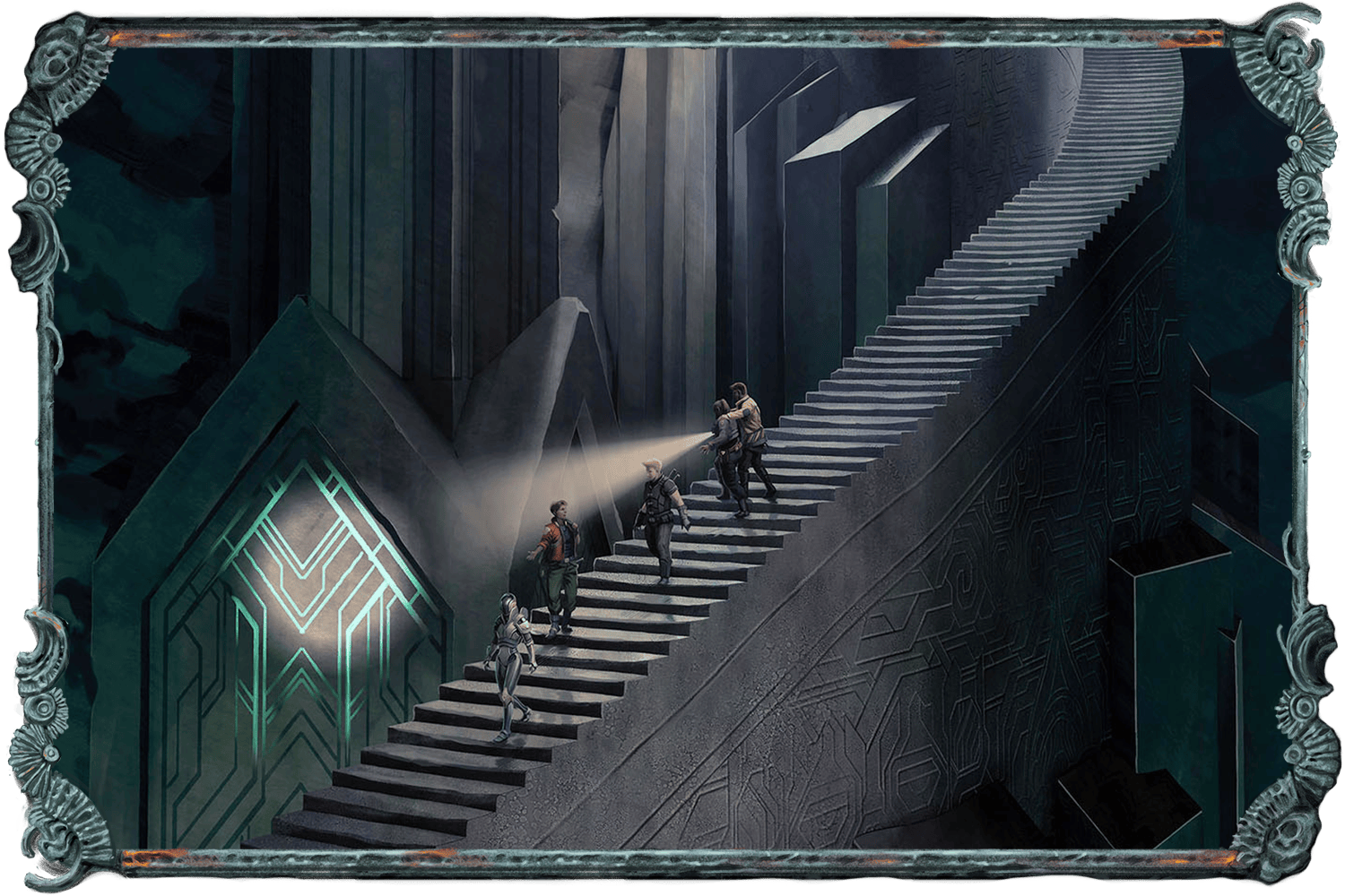 Image showing sci-fi characters exploring a huge dark space as they descend an long staircase.