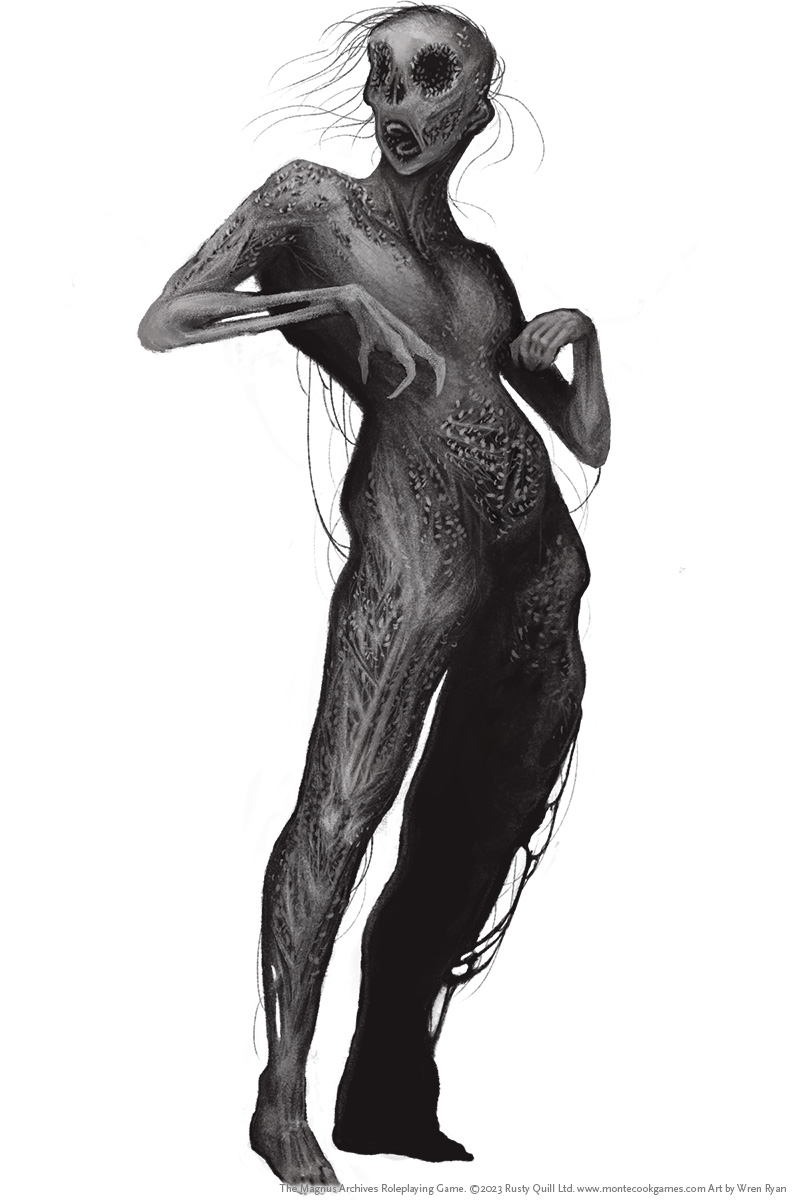 A creepy figure with decaying flesh.