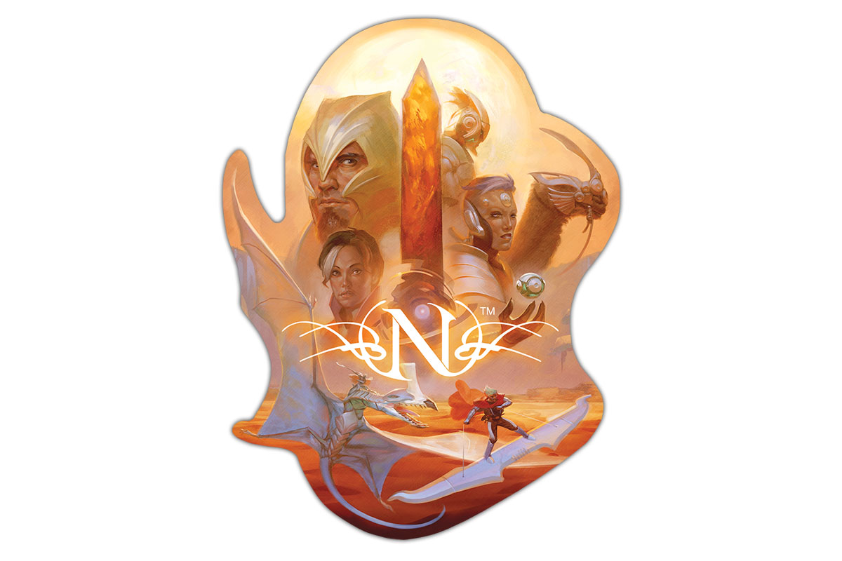 Mockup of a sticker showing art from the original Numenera corebook, with an N logo superimposed on top.