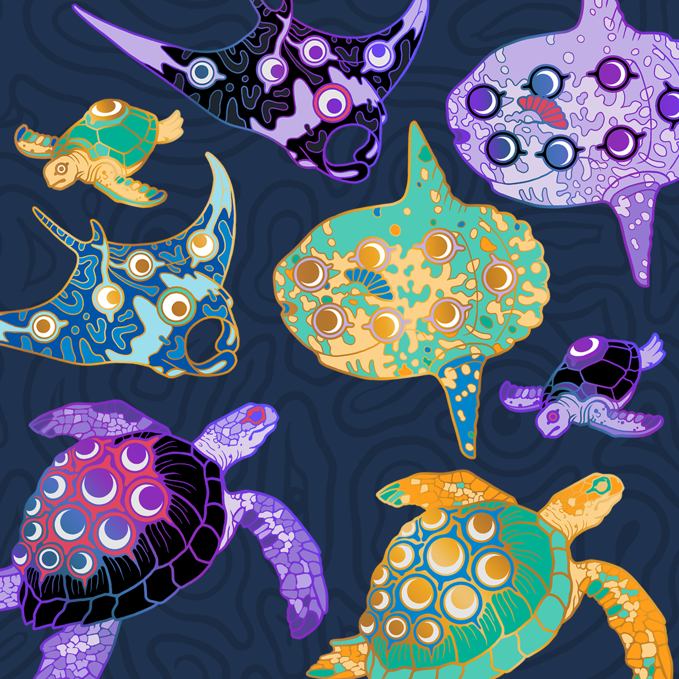 All 8 Pins (All 4 campaign pins in Gold and Rainbow)