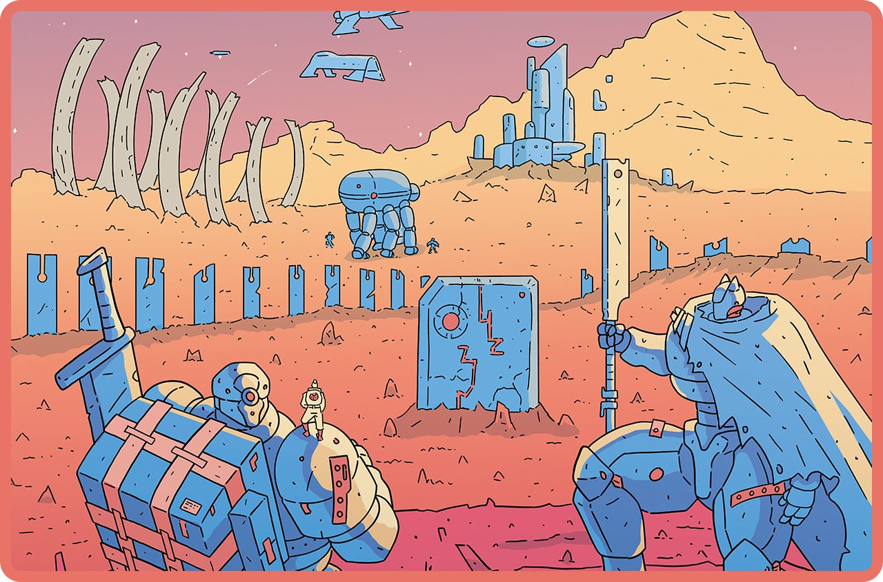 Artwork: Two Mechs stand watch over a gigantic transport mech, making its way through the ruins of a former battleground. In the distance, a great city is being rebuilt, towering towards the sky, awaiting weary travellers and incoming spacecraft.