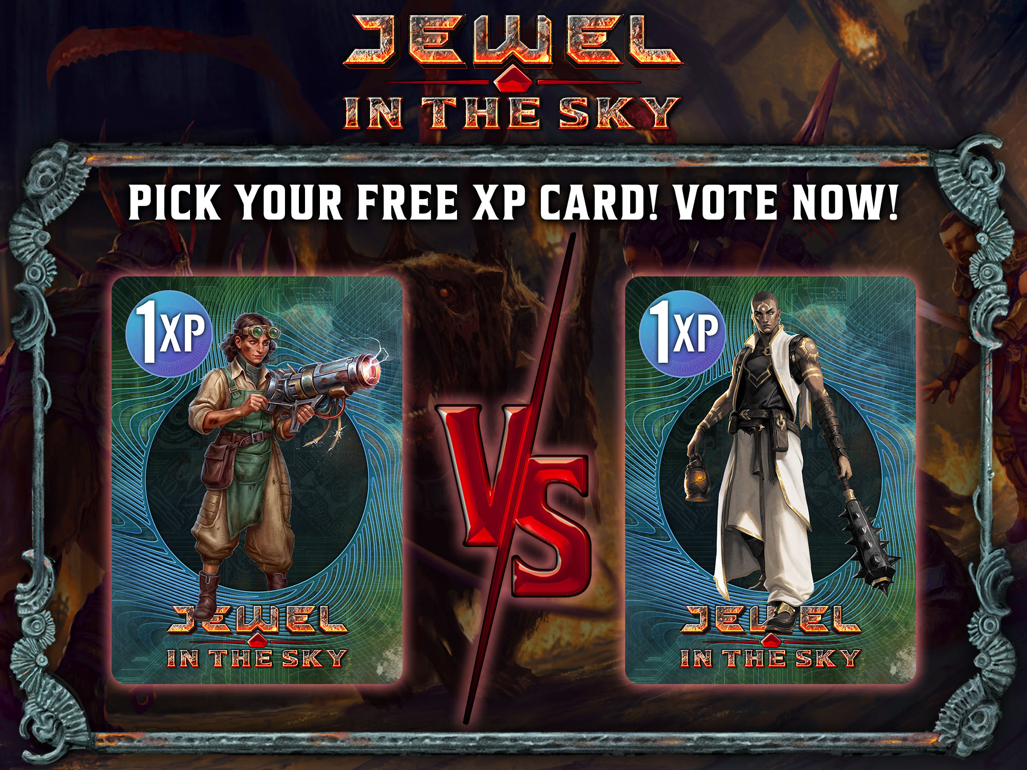 Image showing the Jewel in the Sky logo above two cards, with a "vs." between them and the text "Pick your free XP card! Vote now!" One card shows a sci-fi character with goggles holding a large high-tech device that might be a weird gun; the other shows a fantasy character in a white cloak holding a holy symbol in one hand and a large mace in the other.