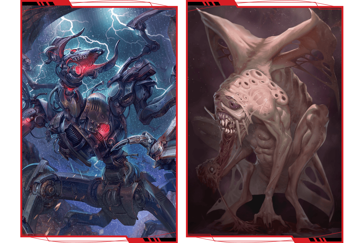 Images of two terrifying creatures—a dangerous mechanical amalgamation and a dark creature of chaos.