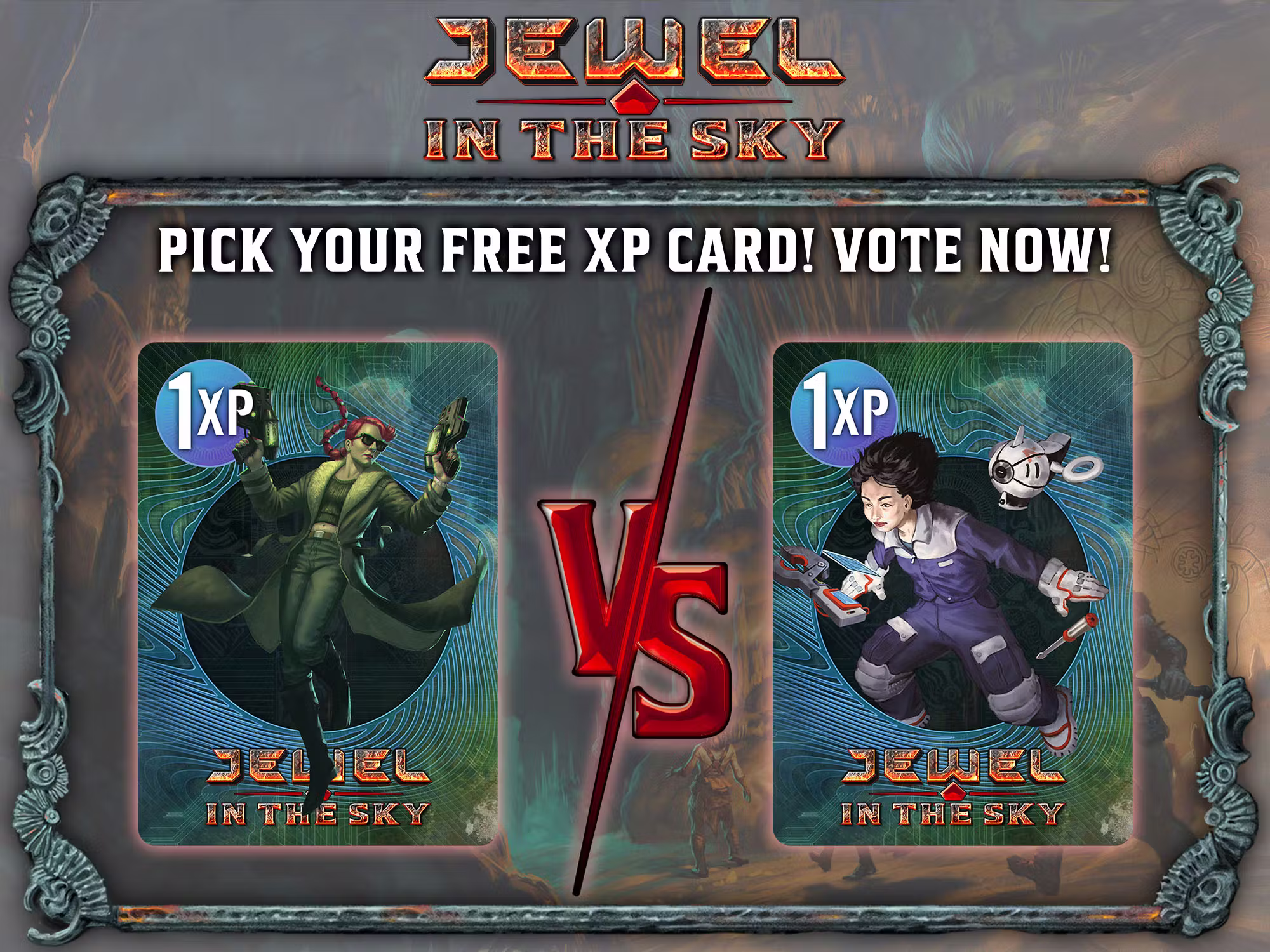 Image showing the Jewel in the Sky logo above two cards, with a "vs." between them and the text "Pick your free XP card! Vote now!" One card shows a sci-fi assassin brandishing two firearms, the other a sci-fi tech working on a high-tech device.