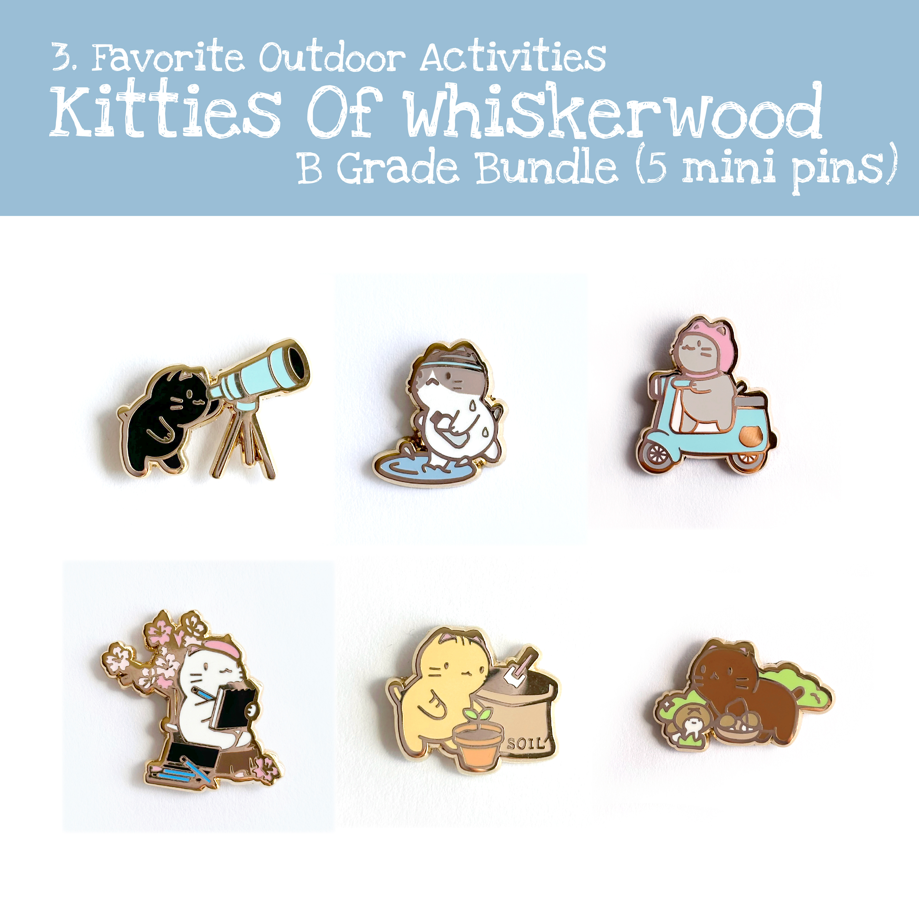 Favorite Outdoor Activities - Kitties of Whiskerwood Mini Hard Enamel Pin B Grade Bundle