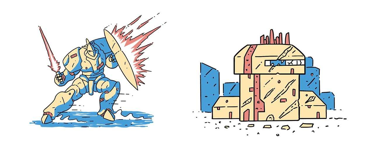 Artwork: A defensive Mech deflects with its shield, while defending a damaged outpost.