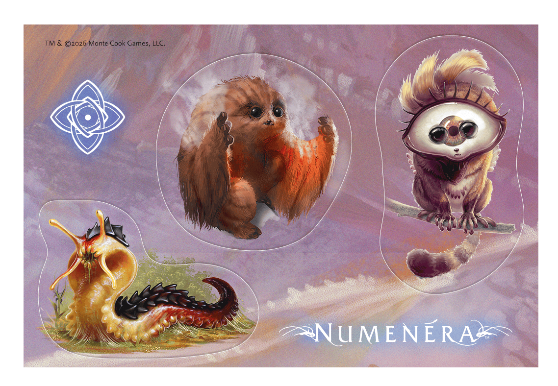 Mockup showing a sheet of three weird fantasy creatures.