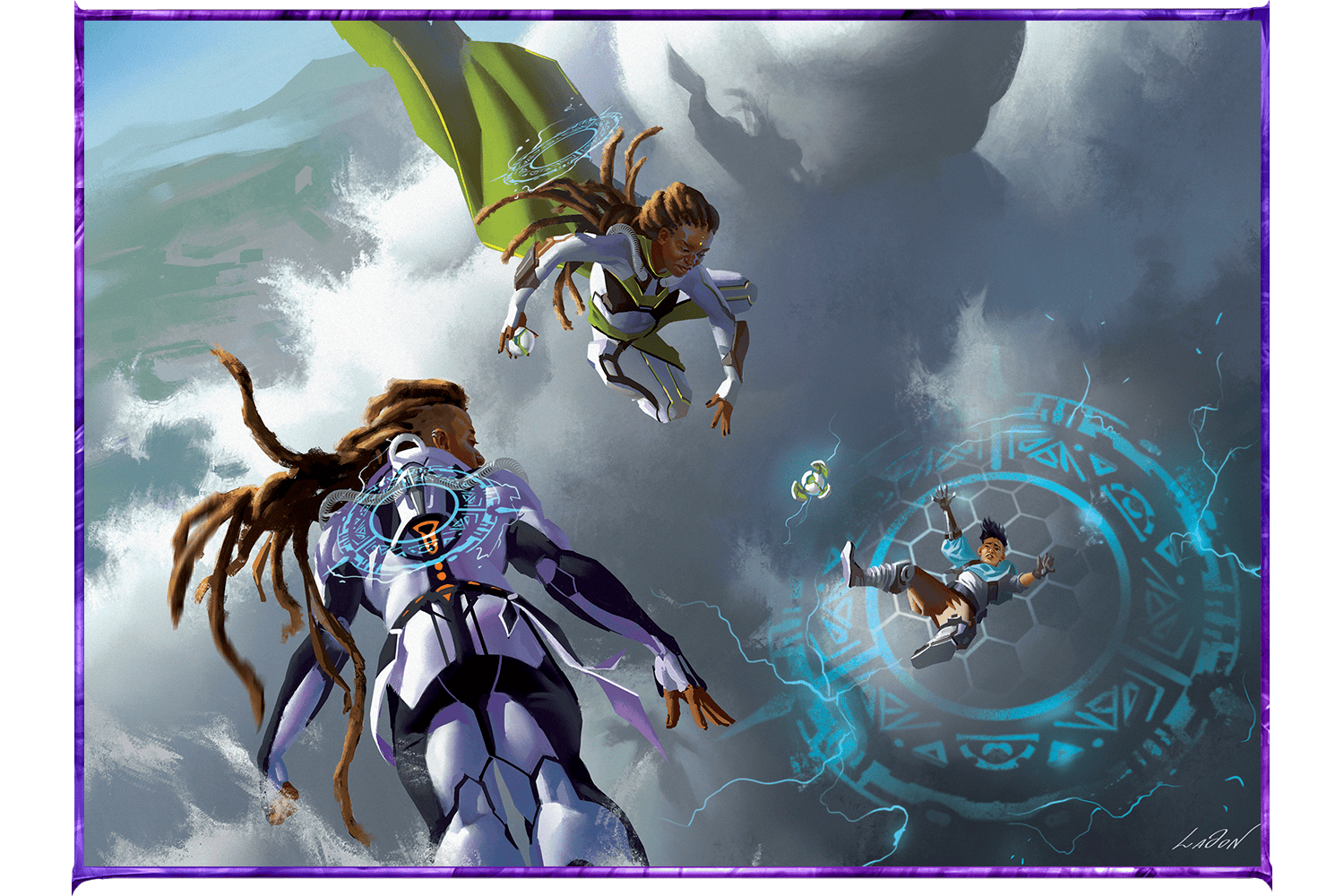 An illustration showing three adventurers high up in the sky. Two are flying, but one has clearly fallen and is being saved by the activation of a cypher.
