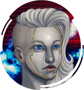 A 3/4 view drawing of a white and gold cyborg woman with white hair and blue eyes.