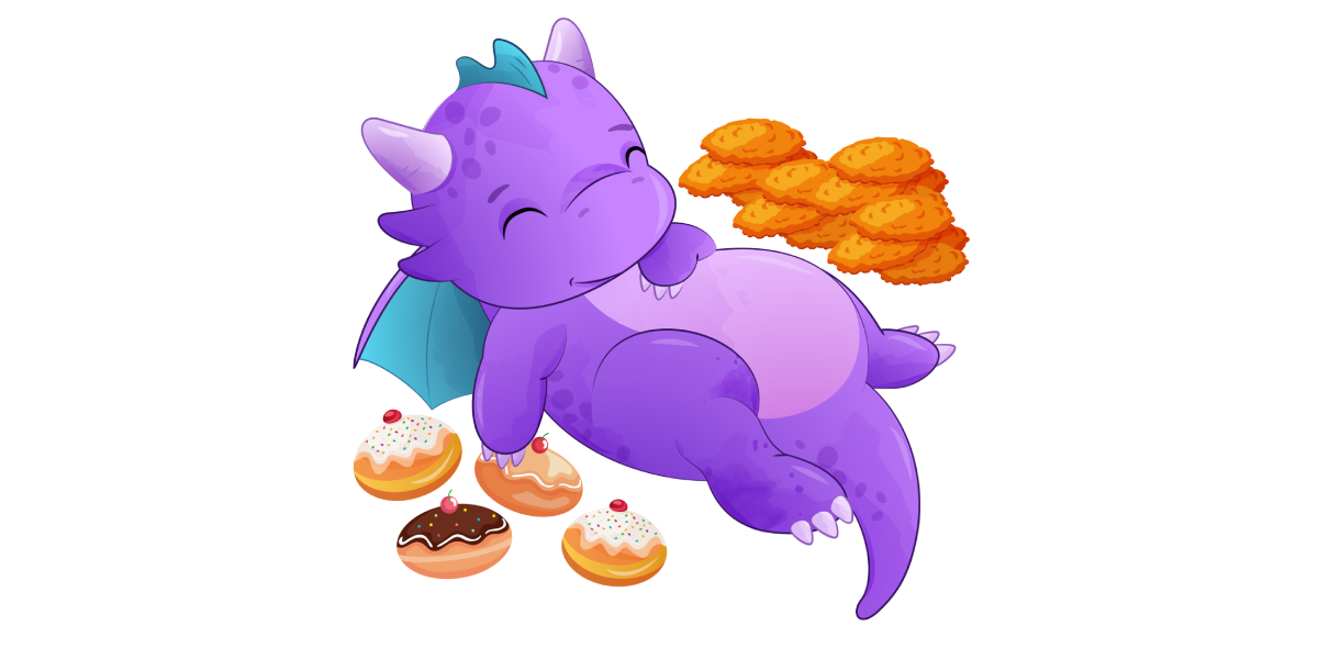 Purple dragon with a hand on its belly, surrounded by latkes and sufganiyot.