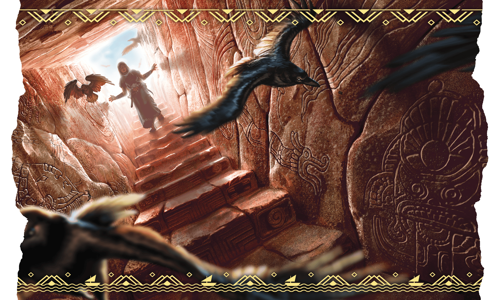 Image showing a figure tentatively descending stone steps into a cavelike space decorated with fantastic wall carvings, led by a flock of crows.