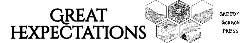  A banner saying Great Hexpectations and Greedy Gorgon Press, with five hexes showing cutout landscape images 