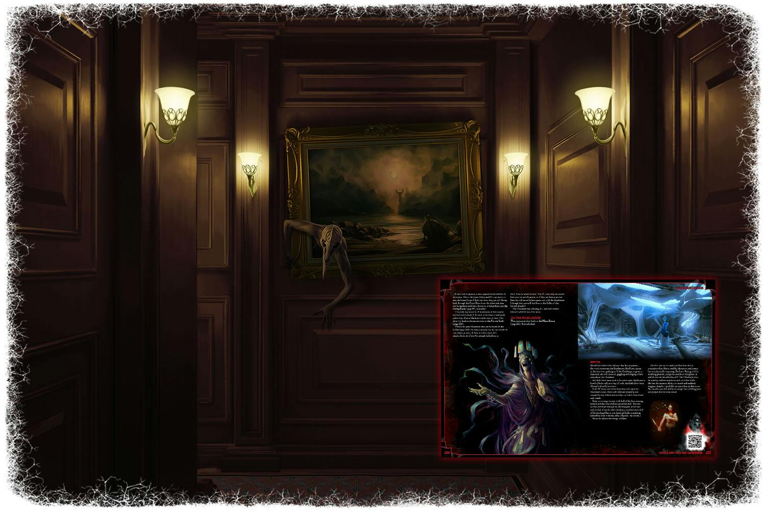 At the end of a  dark, paneled hallway, a strange creature crawls from a painting on the wall.