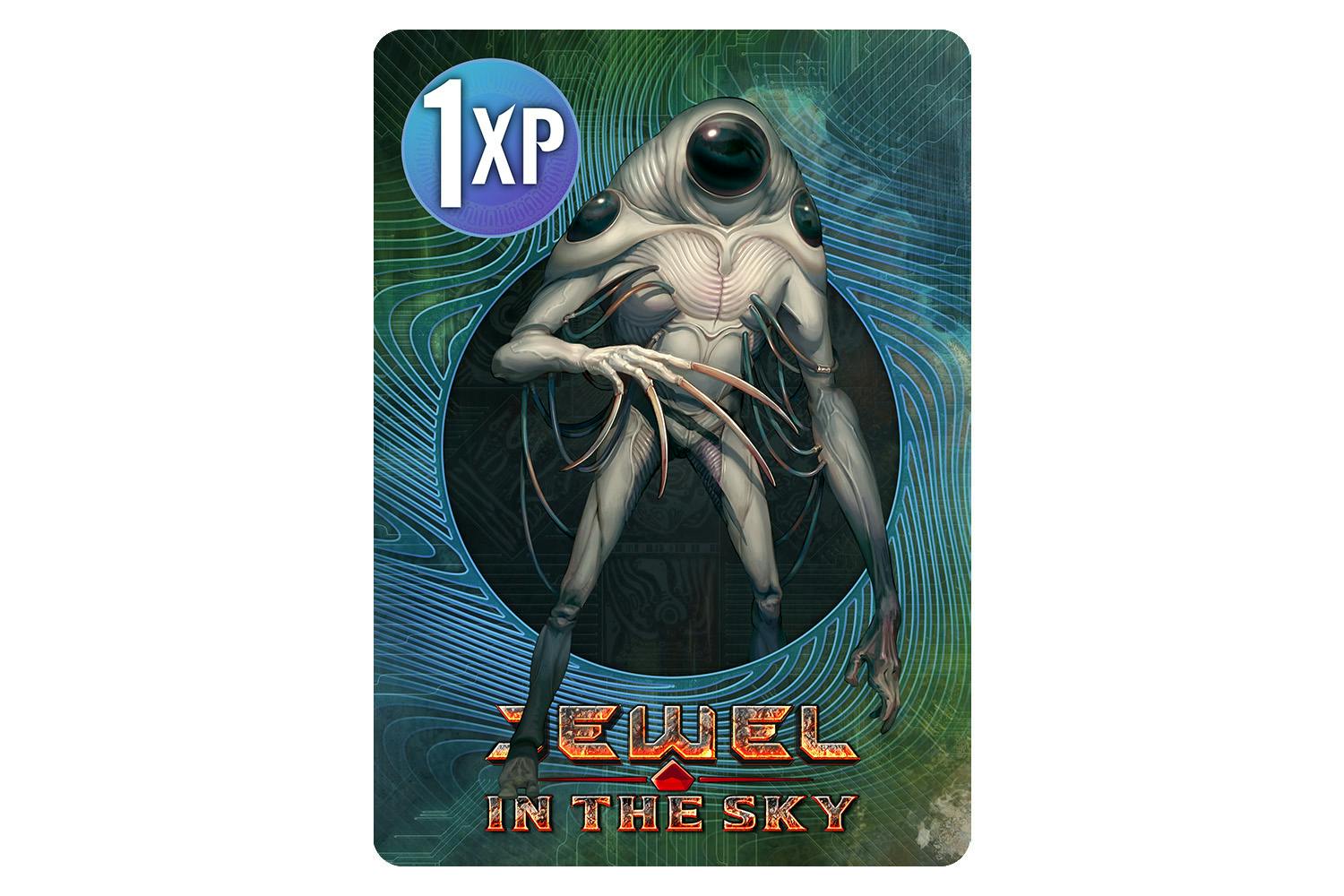 Mockup of a Cypher XP card featuring the Jewel in the Sky logo and an image of a strange being that might be a creature, or might be a person in a weird spacesuit.