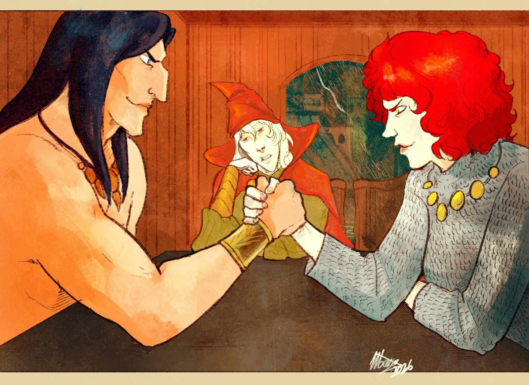  Jirel arm-wrestling Conan while a bored Elric watches. 